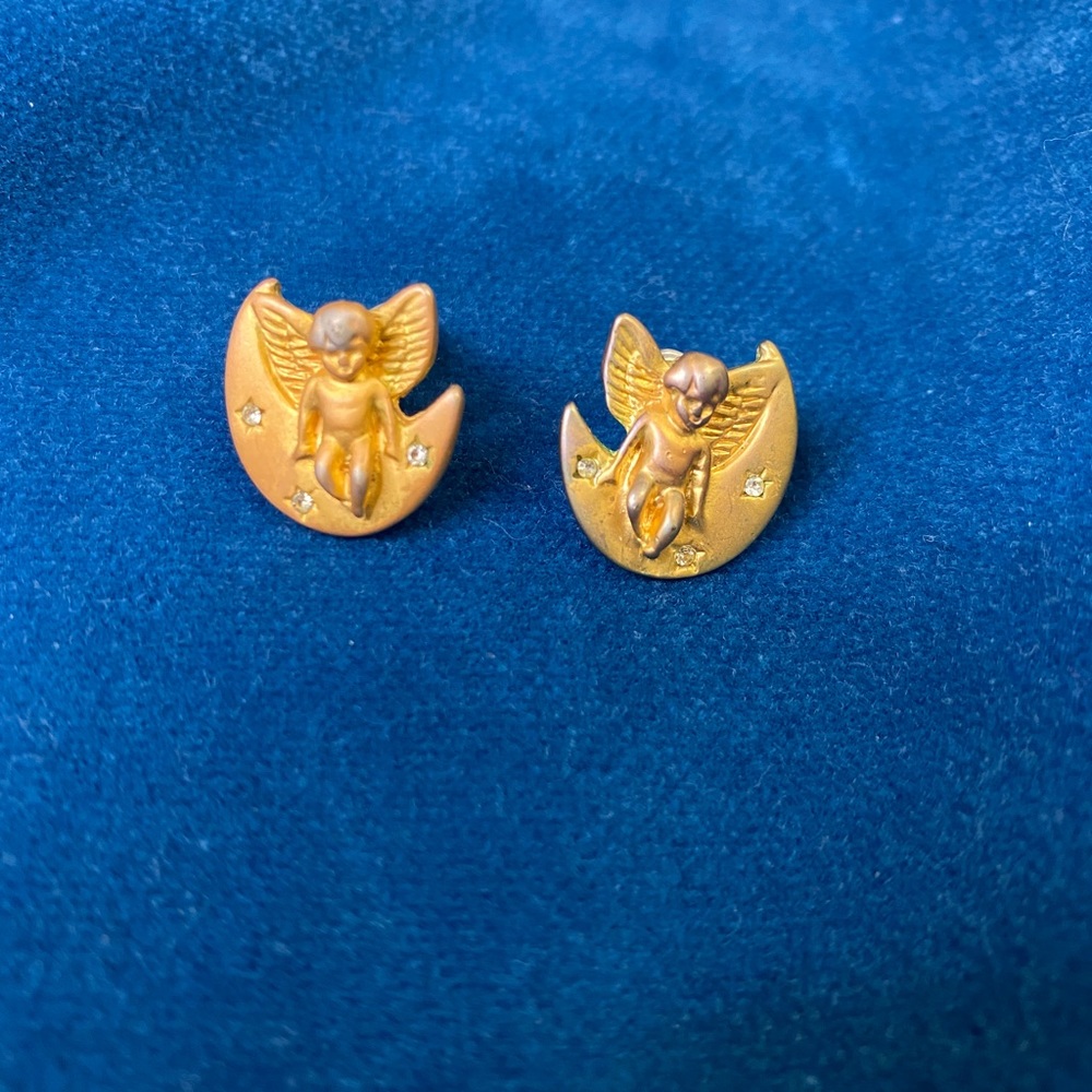 Vintage crescent moon angels gold tone earrings